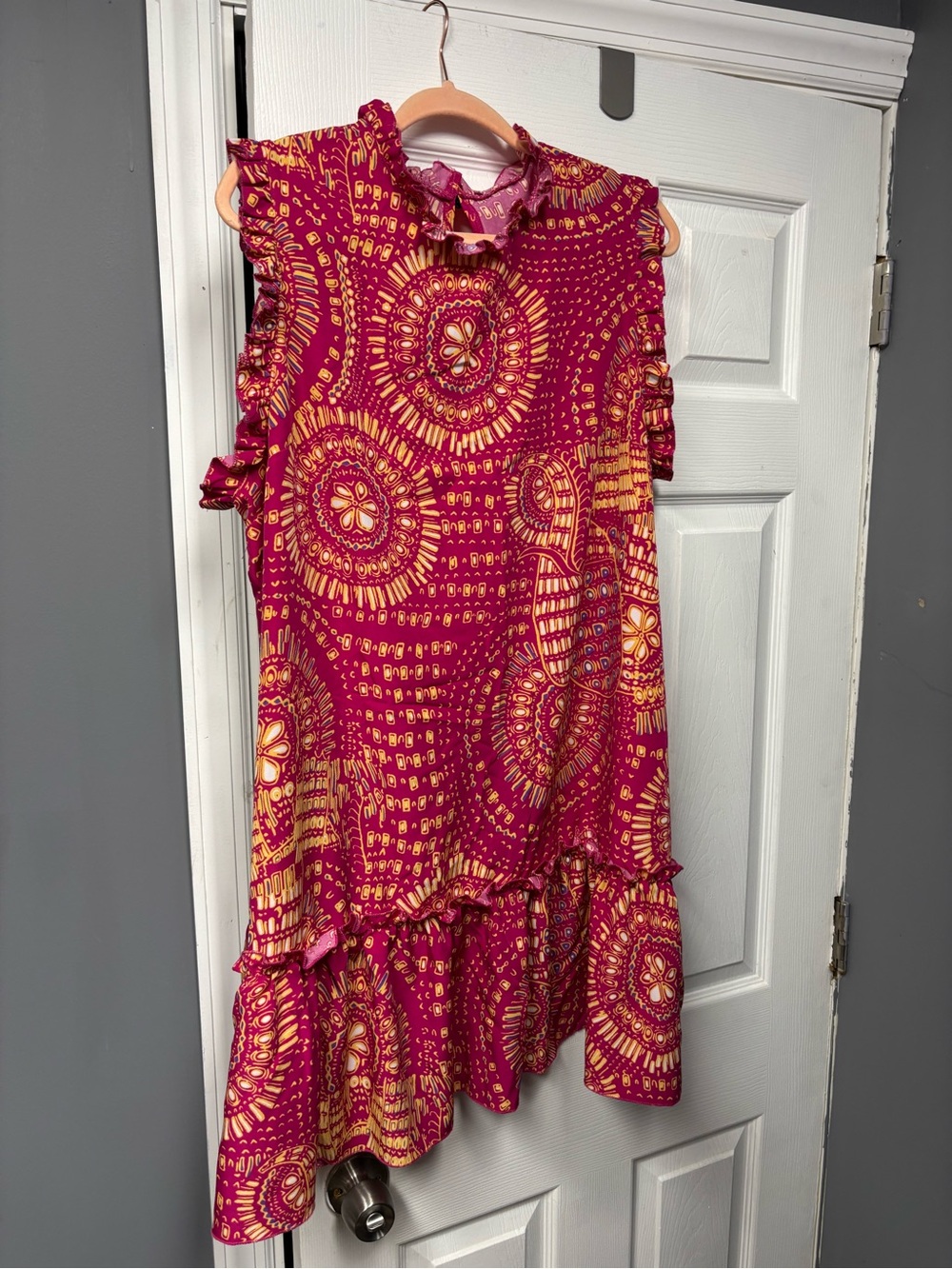 Women’s Bright Fuchsia and Yellow Patterned Ruffle Dress